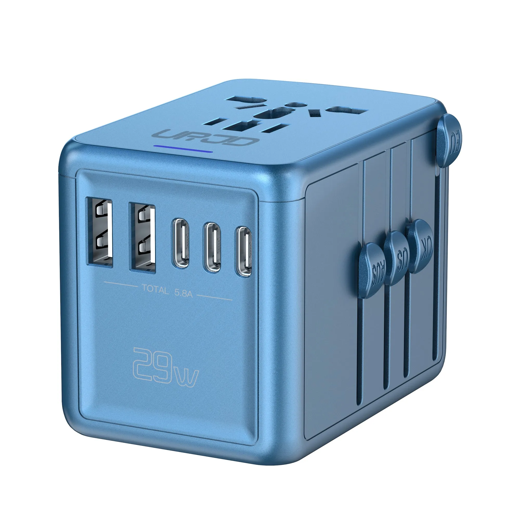 JMFONE-URJD Universal Travel Adapter Offers 5.8A 3X 3.0A USB-C Ports, 2X 2.4A USB-A Ports and Multi AC Outlet, All-in-One International Power Plug Adaptor Worldwide Charger for EU US UK AU 200  Countries（Blue）