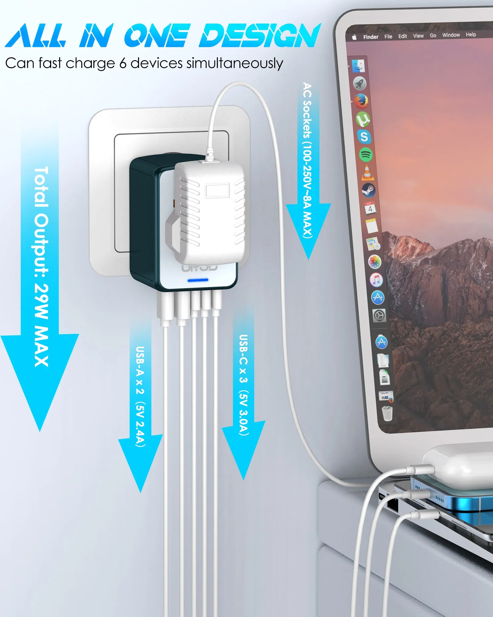 JMFONE-URJD Universal Travel Adapter Offers 5.8A 3X 3.0A USB-C Ports, 2X 2.4A USB-A Ports and Multi AC Outlet, All-in-One International Power Plug Adaptor Worldwide Charger for EU US UK AU 200  Countries（Green）