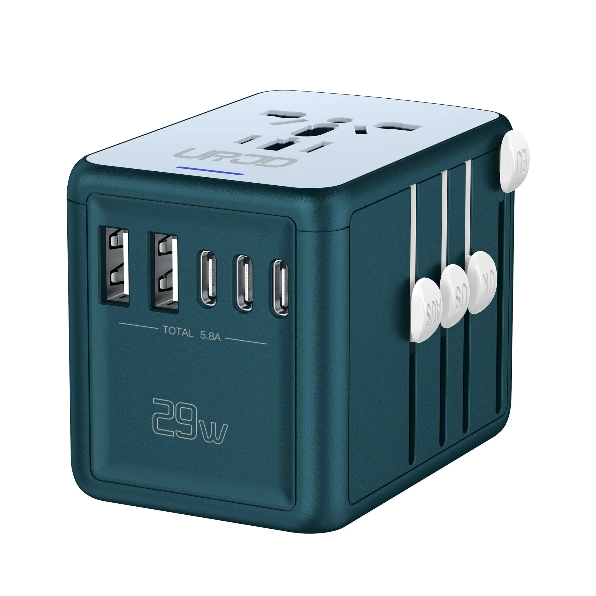 JMFONE-URJD Universal Travel Adapter Offers 5.8A 3X 3.0A USB-C Ports, 2X 2.4A USB-A Ports and Multi AC Outlet, All-in-One International Power Plug Adaptor Worldwide Charger for EU US UK AU 200  Countries（Green）