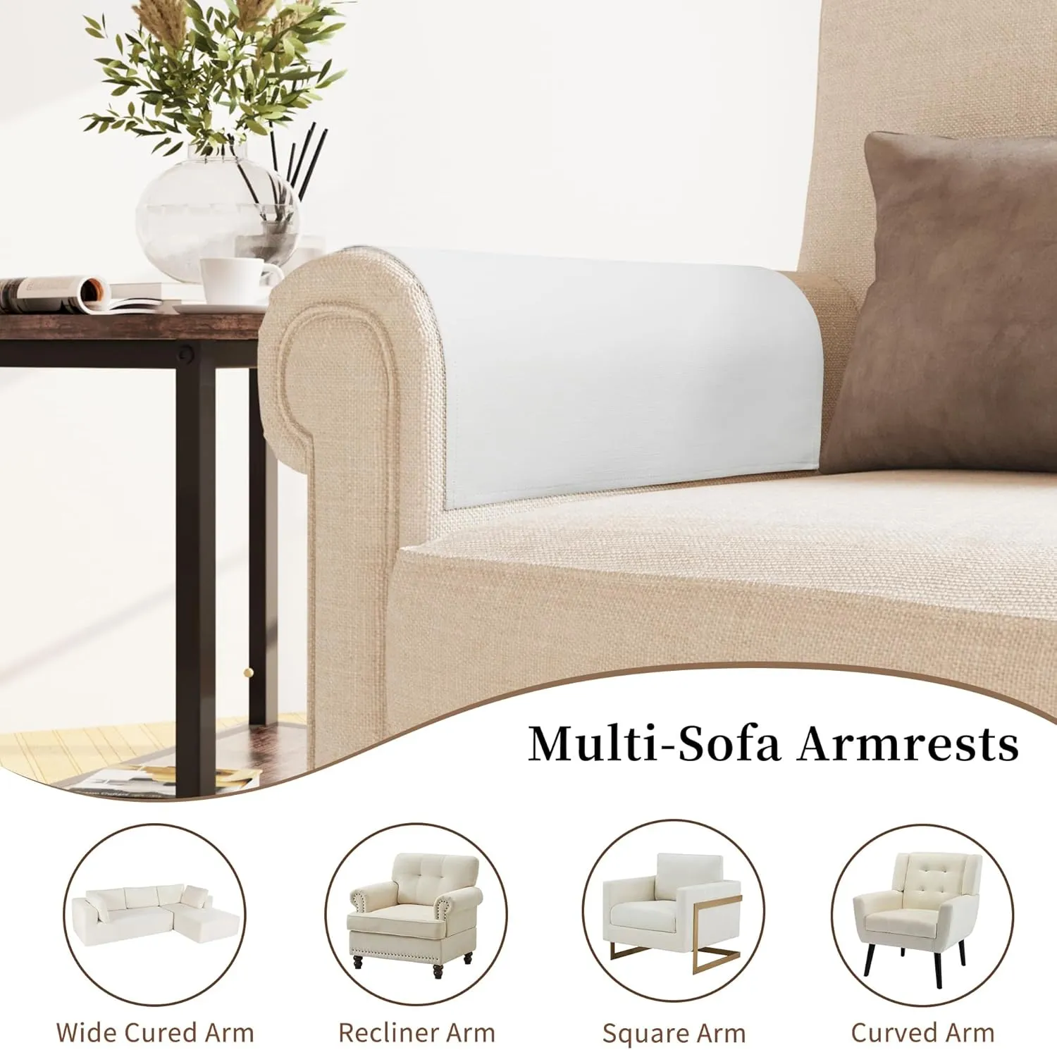 Joywell Armrest Covers Set of 2 - Textured Linen Blended, Pet-Proof Easy Fit Sofa Arm Protectors for Living Room, Recliner, Loveseat, Flat Edge Design Fits Lazy Boy, Armchair, Couch (Off White)