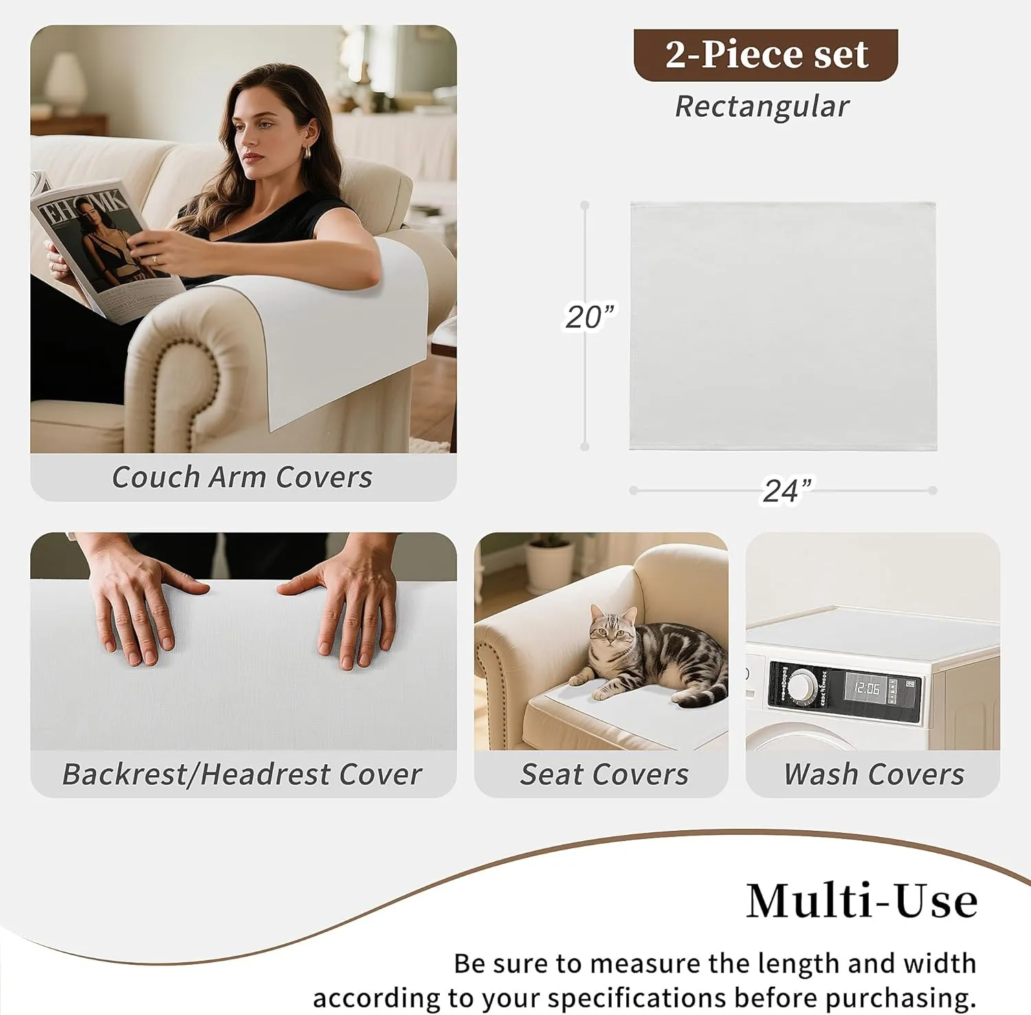 Joywell Armrest Covers Set of 2 - Textured Linen Blended, Pet-Proof Easy Fit Sofa Arm Protectors for Living Room, Recliner, Loveseat, Flat Edge Design Fits Lazy Boy, Armchair, Couch (Off White)
