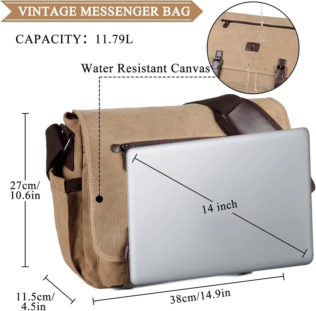 Kasqo Messenger Bag for Men, 14" 15.6" 17" Water Resistant Canvas Laptop Satchel Bag for School College Work