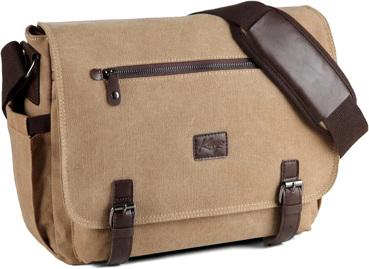 Kasqo Messenger Bag for Men, 14" 15.6" 17" Water Resistant Canvas Laptop Satchel Bag for School College Work