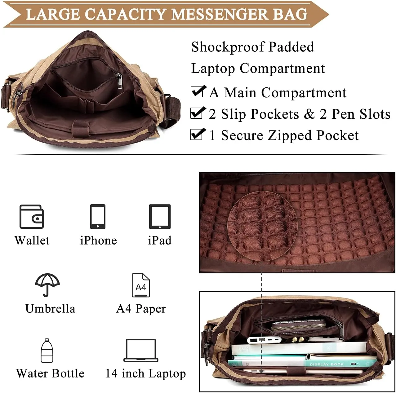 Kasqo Messenger Bag for Men, 14" 15.6" 17" Water Resistant Canvas Laptop Satchel Bag for School College Work