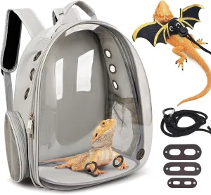 kathson Bearded Dragon Carrier with Harness and Leash Set, Large Reptile Travel Carrier Portable Lizard Backpack Clear Small Animals Carrying Bag for Gecko Hamster Rabbit Hedgehog Kitten (Gray)