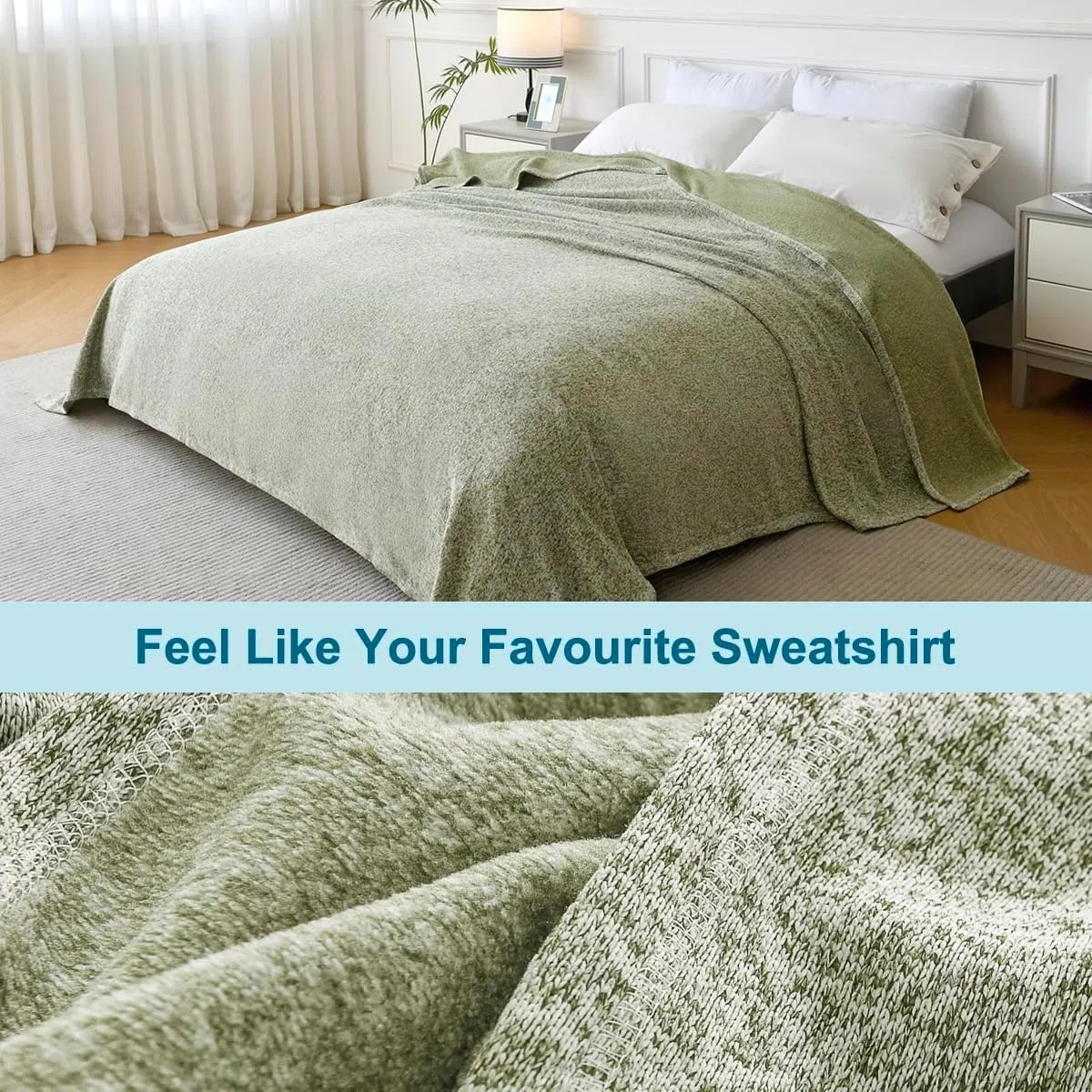 KAWAHOME Summer Sweatshirt Blanket King Size for Bed-Lightweight Breathable Blankets,Soft Thin Knit Jersey Blanket for Hot Sleepers,108 X 90 Inches, Heather Green