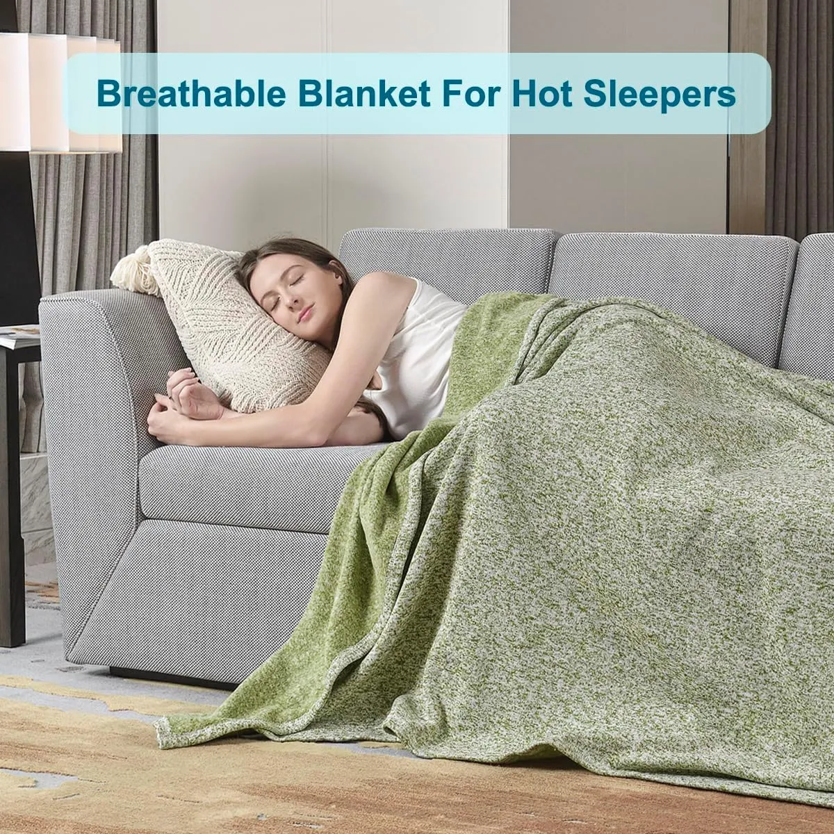 KAWAHOME Summer Sweatshirt Blanket King Size for Bed-Lightweight Breathable Blankets,Soft Thin Knit Jersey Blanket for Hot Sleepers,108 X 90 Inches, Heather Green