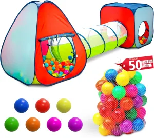 Kids Play Tent with 100 Balls – 3-Piece Tunnel & Ball Pit Combo – Indoor/Outdoor Pop-Up Set with Mesh Panels & Carry Bag