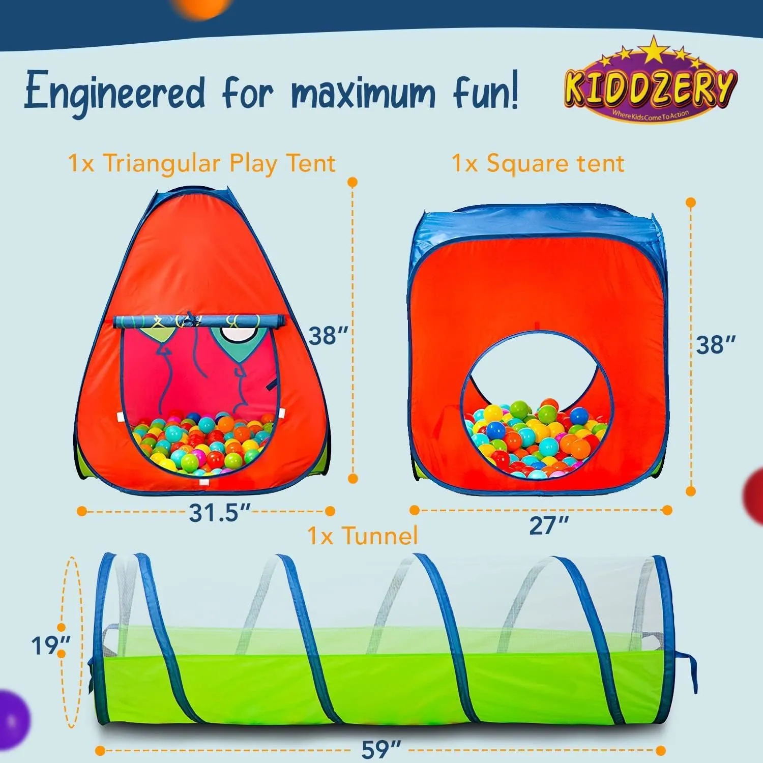 Kids Play Tent with 100 Balls – 3-Piece Tunnel & Ball Pit Combo – Indoor/Outdoor Pop-Up Set with Mesh Panels & Carry Bag