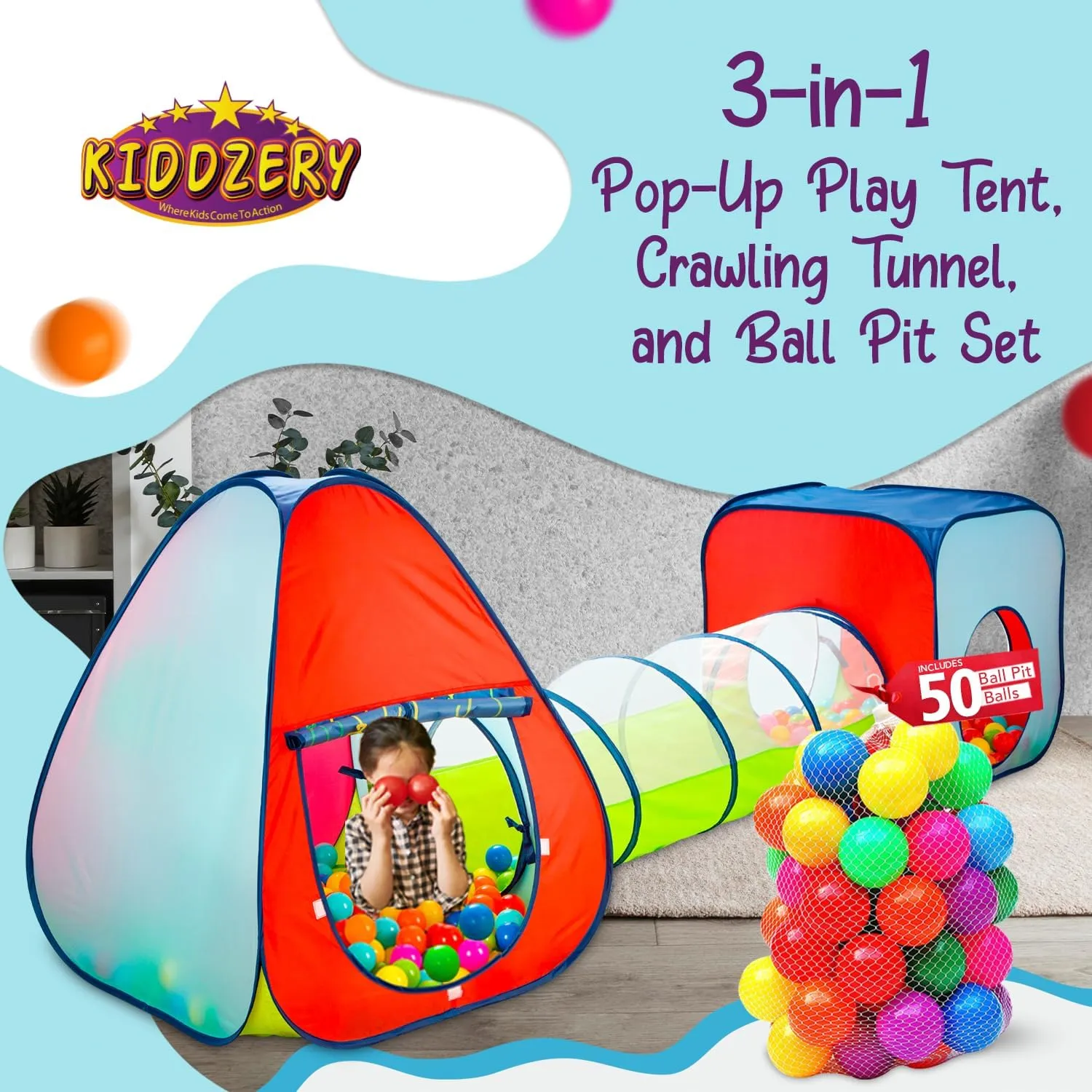 Kids Play Tent with 100 Balls – 3-Piece Tunnel & Ball Pit Combo – Indoor/Outdoor Pop-Up Set with Mesh Panels & Carry Bag