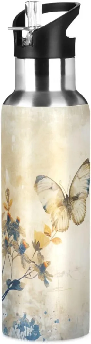 Kigai Butterfly Flower Insulated Water Bottle with Straw Lid BPA-Free 20 oz Double Wall Vacuum Stainless Steel Leakproof Sports Water Bottle for Travel Fitness Gym