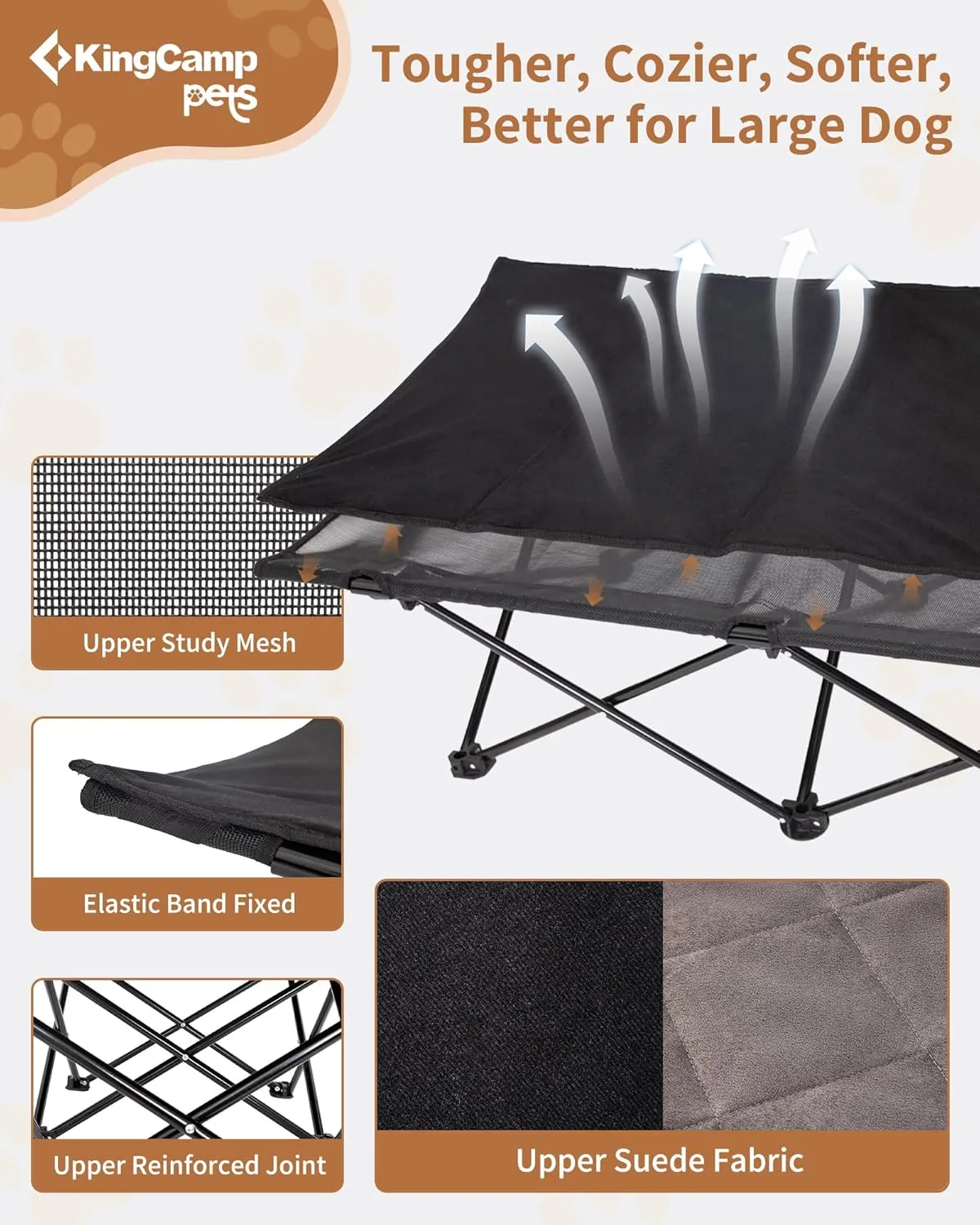 KingCamp Elevated Dog Bed for Large Dogs, Raised Outdoor Indoor Portable Cooling Cot Lifted Pet Hammock off Ground with Washable Breathable Mesh & Frame with Non Slip Foot for Camping Backyard, Black