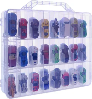 KISLANE Double Sided Toy Car & Doll Storage Case - 48 Compartments, Portable Transparent Case