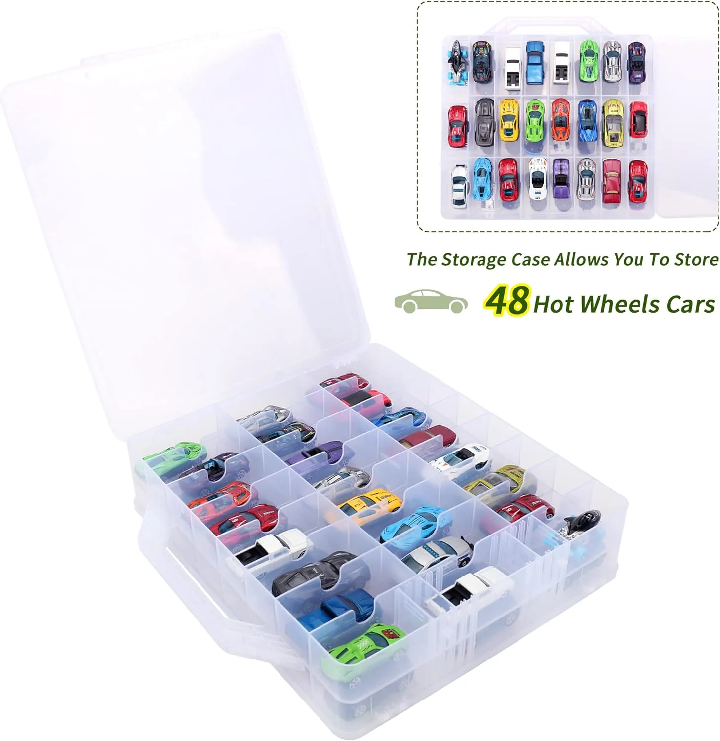 KISLANE Double Sided Toy Car & Doll Storage Case - 48 Compartments, Portable Transparent Case