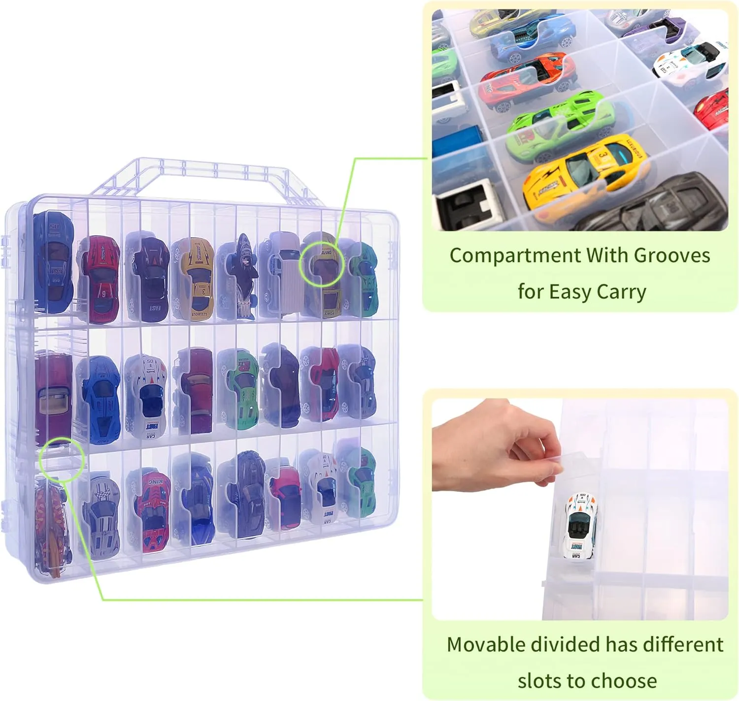 KISLANE Double Sided Toy Car & Doll Storage Case - 48 Compartments, Portable Transparent Case