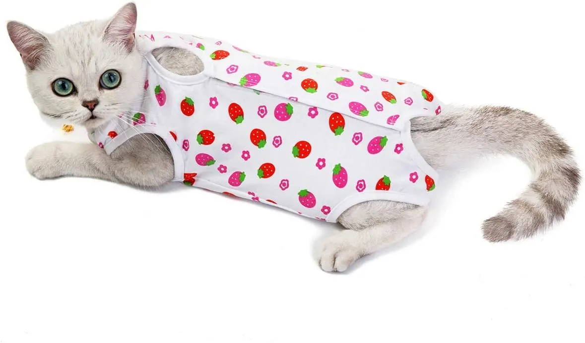 Kitipcoo Professional Surgery Recovery Suit for Cats Paste Cotton Breathable Surgery Suits for Abdominal Wounds and Skin Diseases for Cats Dogs, After Surgery Wear Suit (M (6-8 lbs), Strawberry)