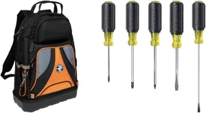 Klein Tools 55421BP-14 Tool Bag Backpack, Heavy Duty Tradesman Pro Tool Organizer/Tool Carrier & 80031 Screwdriver Set, 5-Piece Kit Includes 2 Slotted