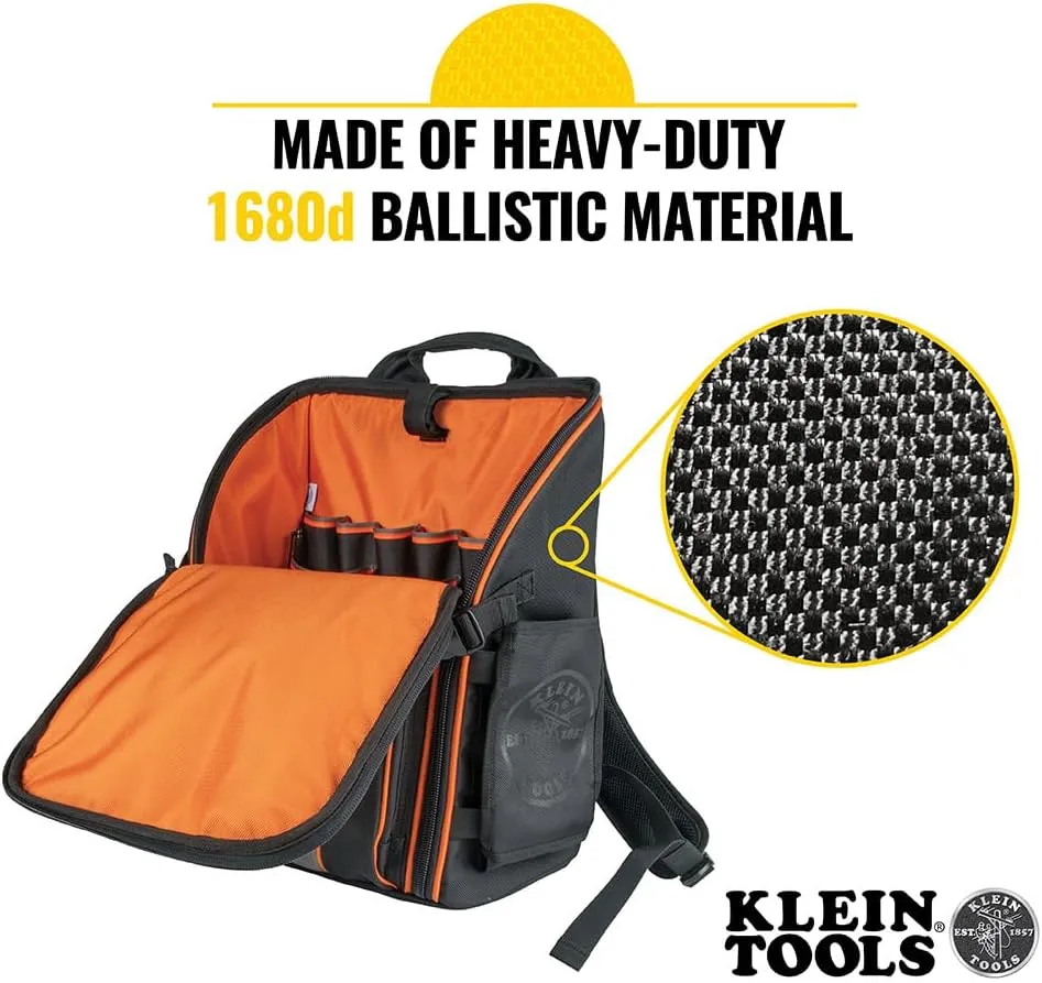 Klein Tools 55482 Tool Bag Backpack, Heavy Duty Tradesman Pro Tool Organizer with 21 Pockets and Large Interior, Water Resistant