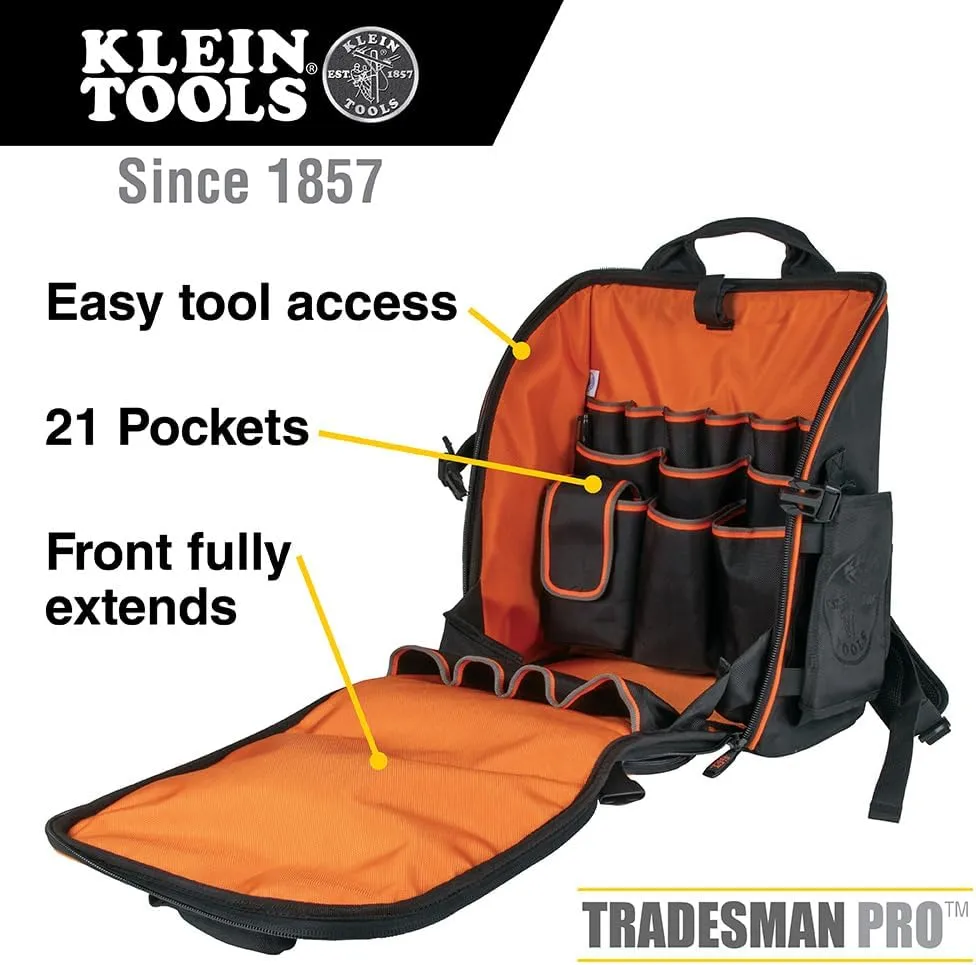 Klein Tools 55482 Tool Bag Backpack, Heavy Duty Tradesman Pro Tool Organizer with 21 Pockets and Large Interior, Water Resistant