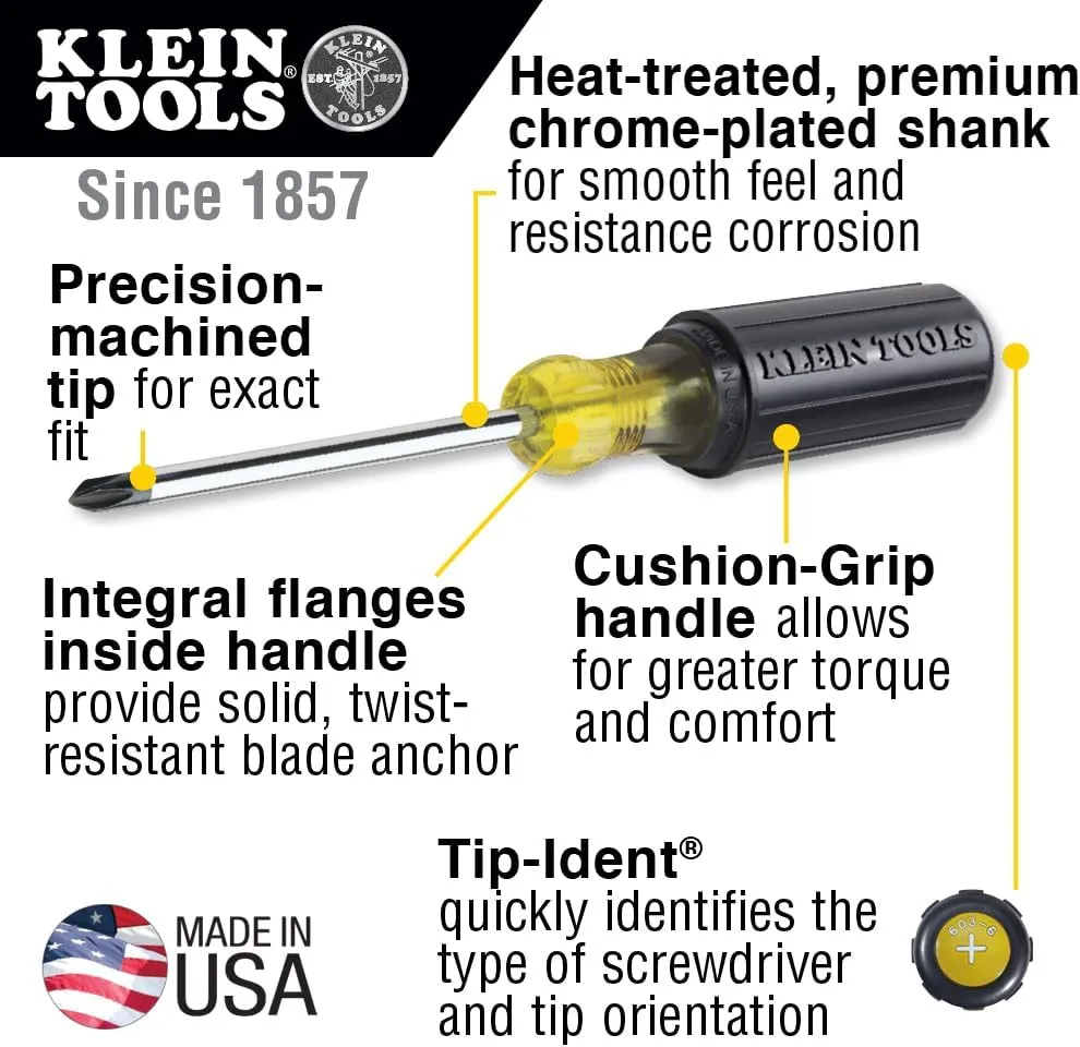 Klein Tools 85076 Screwdriver Set, Made in USA, Slotted and Phillips Screwdrivers with Non-Slip Cushion-Grip Handles and Tip-Ident, 7-Piece