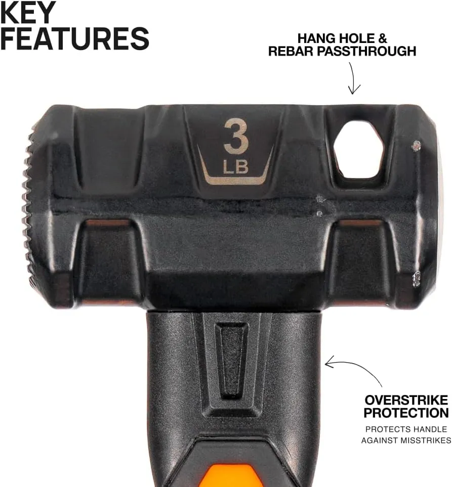 Klein Tools H80693 Sledgehammer, 3-Pound Dual-Faced Hammer with Fiberglass Handle, Shock-Resistant Design for Striking and Demolition, Includes Lanyard Hole
