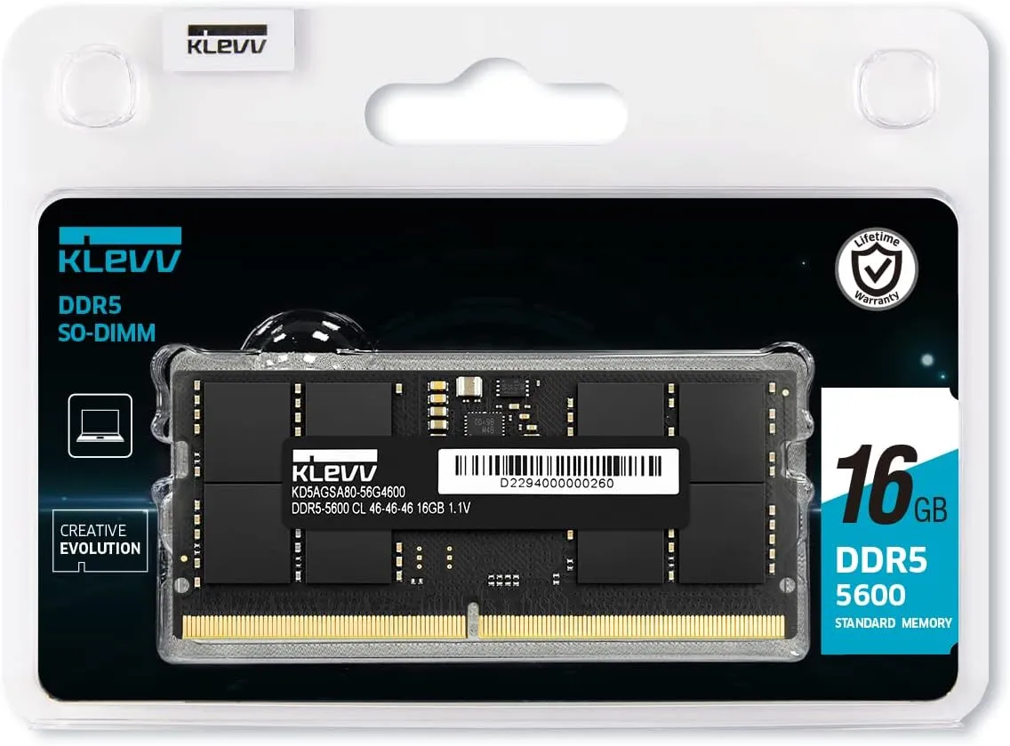 KLEVV DDR5 16GB (1x16GB) 5600MHz CL46 A-DIE 1.1V SODIMM Laptop Ram Memory SK Hynix Chip (KD5AGSA80-56G460A)
