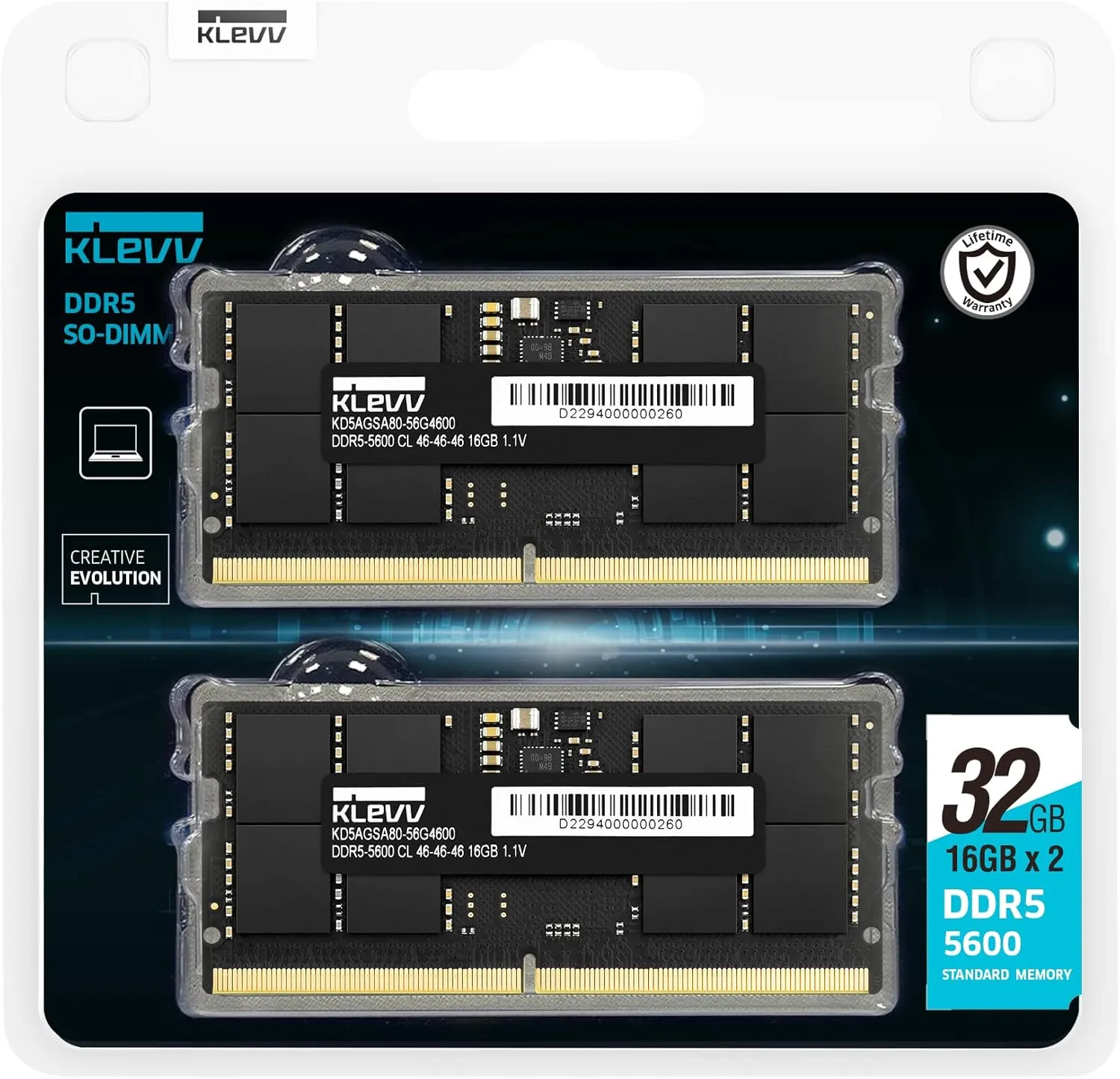 KLEVV DDR5 32GB (1x32GB) 5600MHz CL46 SODIMM SK Hynix A-DIE Laptop Ram Memory 1.1V (KD5BGSA80-56G460A)