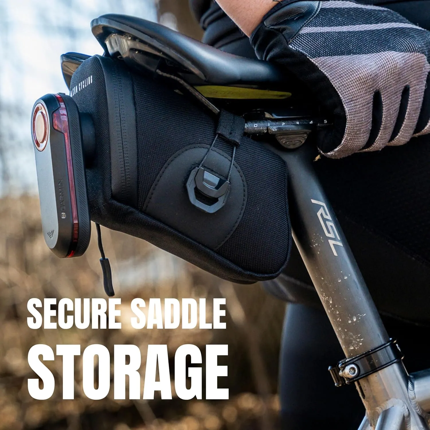 KOM Cycling Saddle Bag - Bike Saddle Bag to Carry Multi-Tool, Tube, Tire Levers, Securely Under Bike Seat Featuring for Garmin Varia Mount, ATOP Lacing Dial, and Inner Pocket for Apple AirTag.