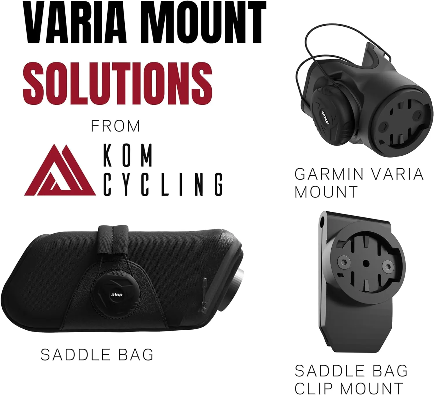 KOM Cycling Saddle Bag - Bike Saddle Bag to Carry Multi-Tool, Tube, Tire Levers, Securely Under Bike Seat Featuring for Garmin Varia Mount, ATOP Lacing Dial, and Inner Pocket for Apple AirTag.
