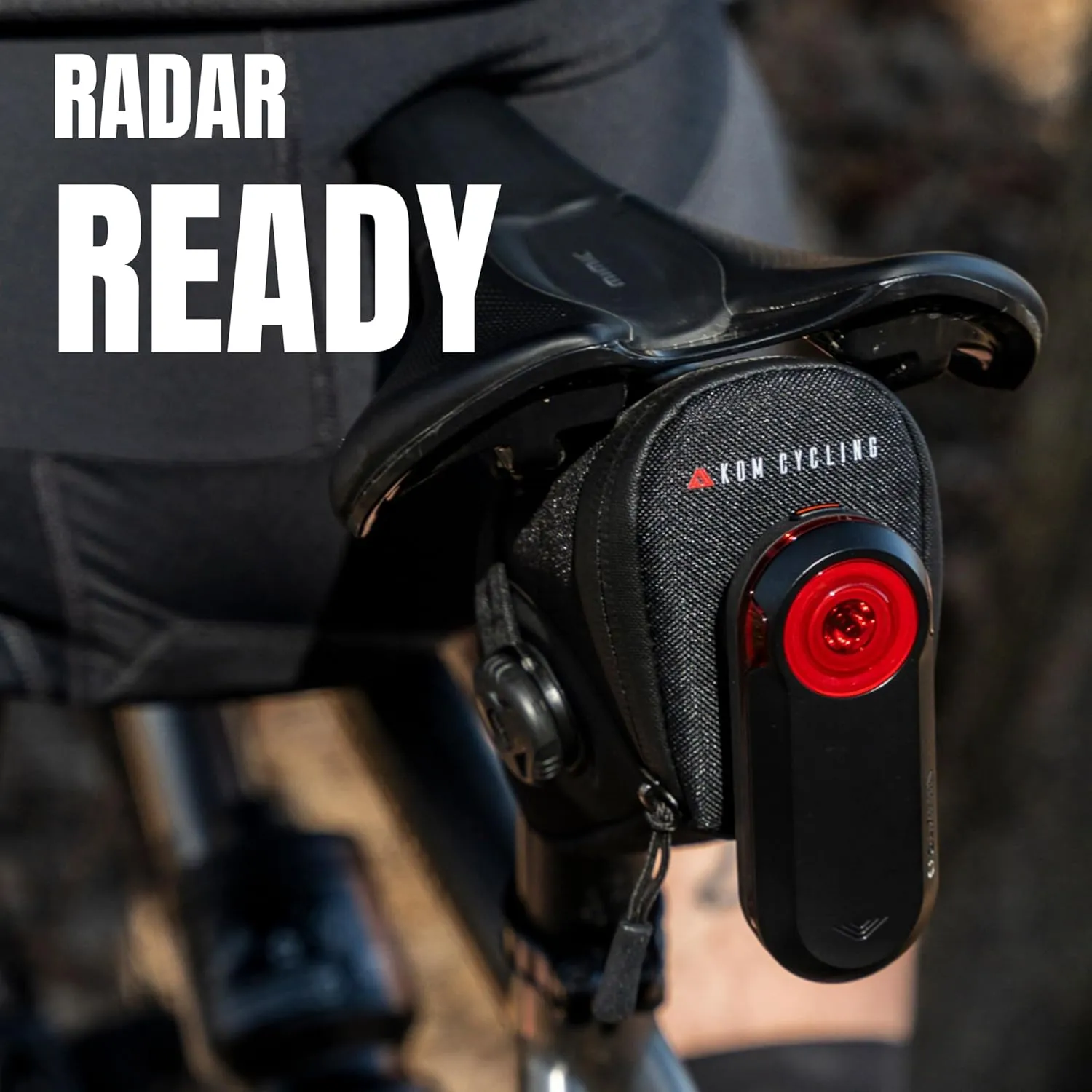 KOM Cycling Saddle Bag - Bike Saddle Bag to Carry Multi-Tool, Tube, Tire Levers, Securely Under Bike Seat Featuring for Garmin Varia Mount, ATOP Lacing Dial, and Inner Pocket for Apple AirTag.