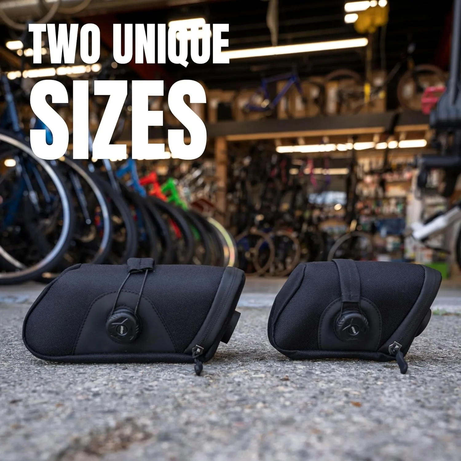 KOM Cycling Saddle Bag - Bike Saddle Bag to Carry Multi-Tool, Tube, Tire Levers, Securely Under Bike Seat Featuring for Garmin Varia Mount, ATOP Lacing Dial, and Inner Pocket for Apple AirTag.