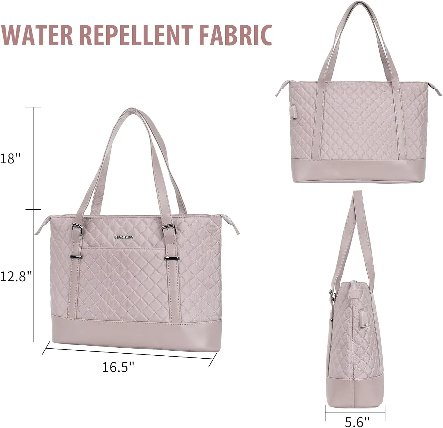 KROSER Laptop Tote Bag 15.6 Inch with USB Port, Large Work Tote Bag Computer Shoulder Bag for Women, Laptop Carrying Case Stylish Handbag Gift for Office Business Travel(Grey Pink)