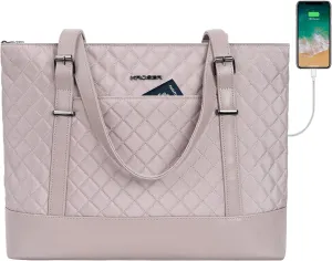 KROSER Laptop Tote Bag 15.6 Inch with USB Port, Large Work Tote Bag Computer Shoulder Bag for Women, Laptop Carrying Case Stylish Handbag Gift for Office Business Travel(Grey Pink)