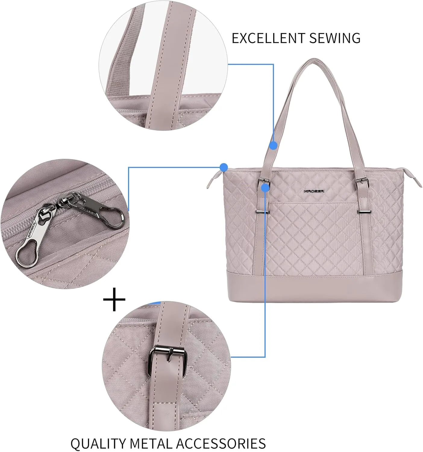 KROSER Laptop Tote Bag 15.6 Inch with USB Port, Large Work Tote Bag Computer Shoulder Bag for Women, Laptop Carrying Case Stylish Handbag Gift for Office Business Travel(Grey Pink)