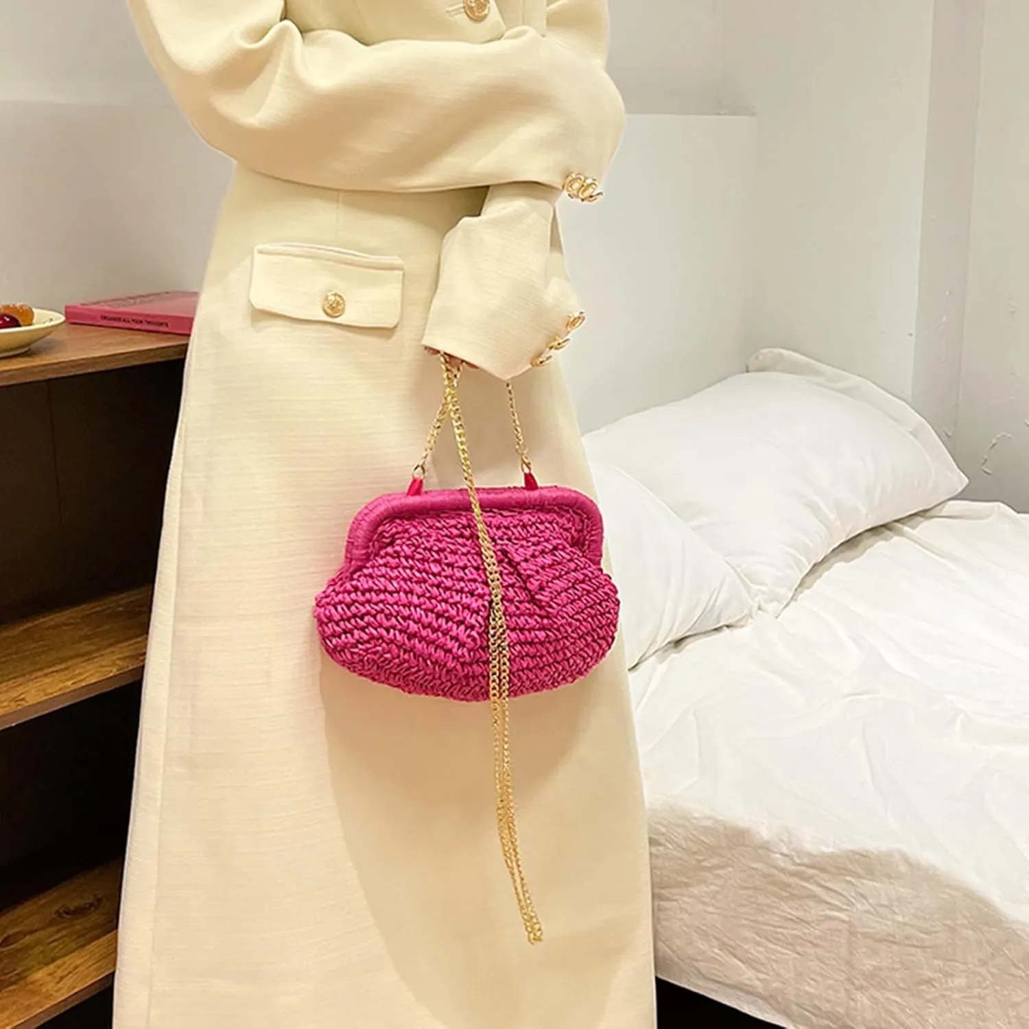 Kseymeir Straw Clutch Purse for Women, Summer Shoulder Crossbody Bag Cloud Pouch Beach Tote Handbag