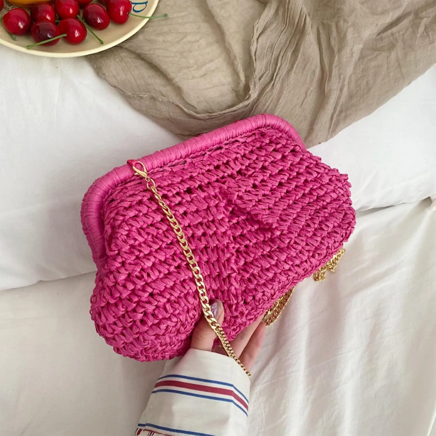 Kseymeir Straw Clutch Purse for Women, Summer Shoulder Crossbody Bag Cloud Pouch Beach Tote Handbag