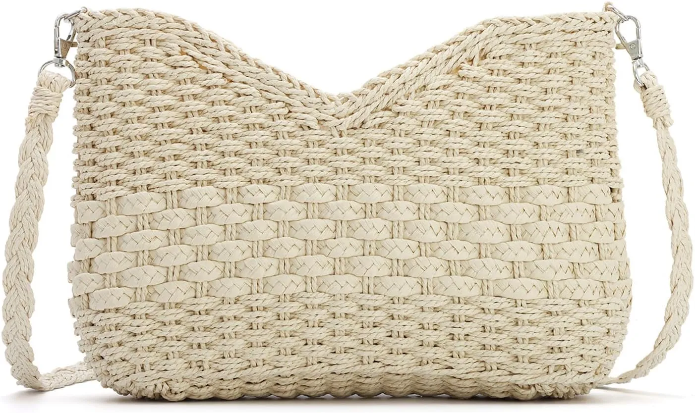 KUANG! Handmade Woven Shoulder Bag for Women Summer Beach Straw Purse Crossbody Handbag with Strap