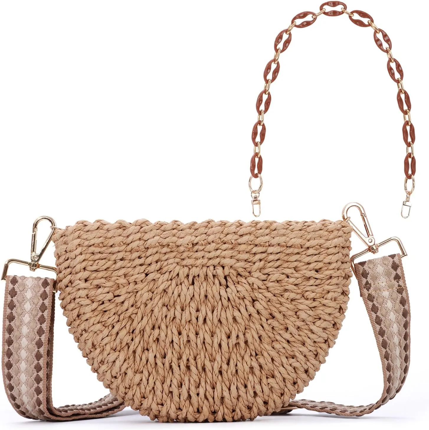 KUANG! Semicircle Handmade Woven Shoulder Bag for Women Summer Straw Beach Purse Crossbody Handbag Woven with Chain Strap