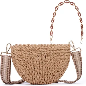 KUANG! Semicircle Handmade Woven Shoulder Bag for Women Summer Straw Beach Purse Crossbody Handbag Woven with Chain Strap