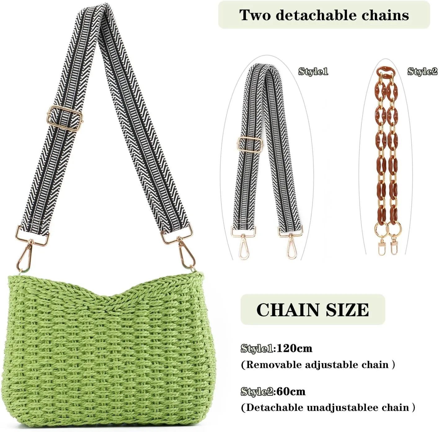 KUANG! Straw Woven Shoulder Bag for Women Summer Beach Tote Bag Crossbody Handbag Satchel Chain Purse