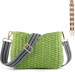 KUANG! Straw Woven Shoulder Bag for Women Summer Beach Tote Bag Crossbody Handbag Satchel Chain Purse