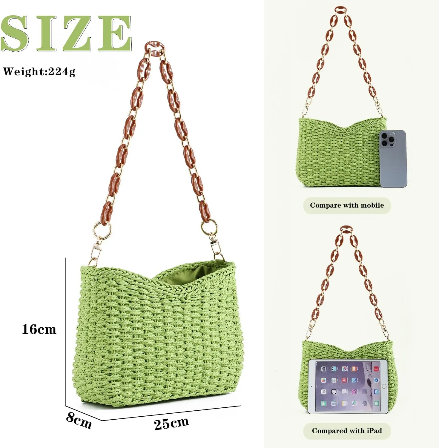 KUANG! Straw Woven Shoulder Bag for Women Summer Beach Tote Bag Crossbody Handbag Satchel Chain Purse