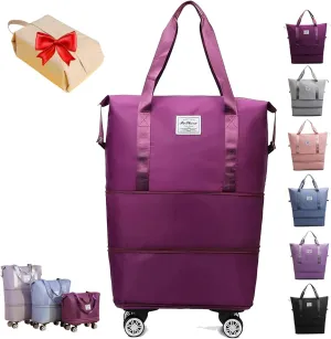 Kulken Travel Bag with Wheels, Expandable Foldable Duffle Bag, Large Capacity Wide-Open Weekend Travel Cosmetic Bag (Dark purple)