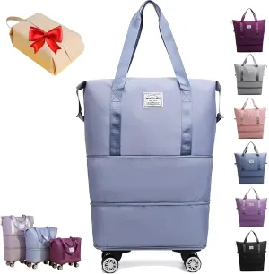Kulken Travel Bag with Wheels, Expandable Foldable Duffle Bag, Large Capacity Wide-Open Weekend Travel Cosmetic Bag (Light blue)