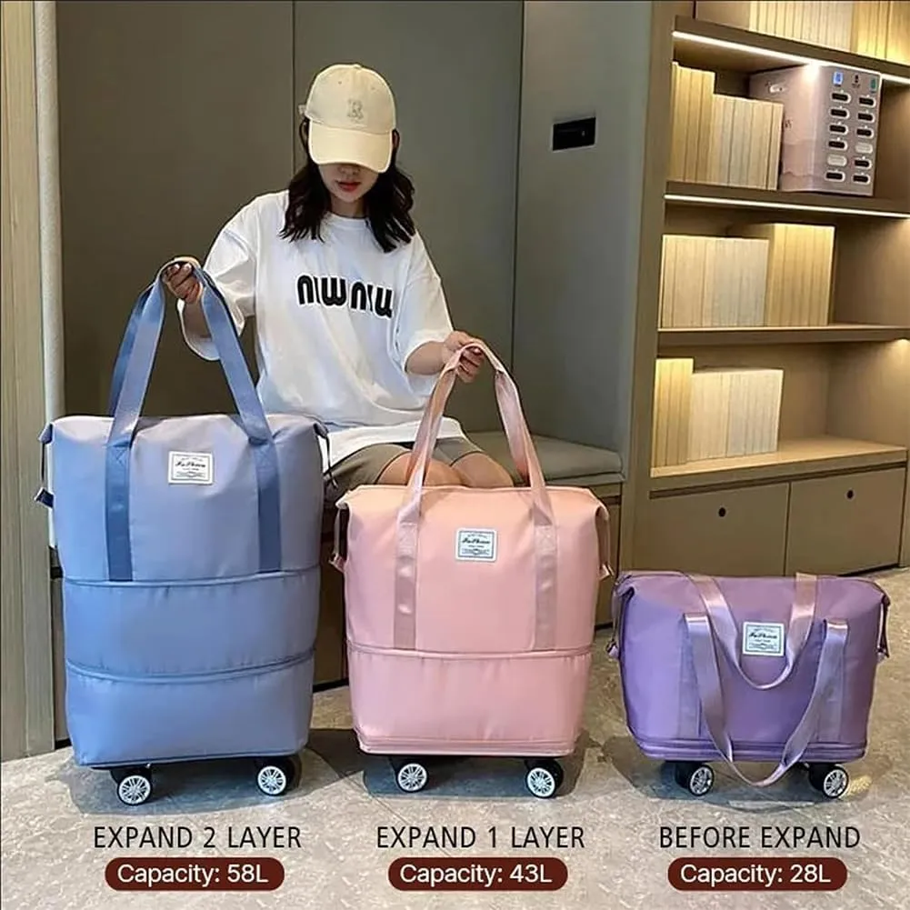 Kulken Travel Bag with Wheels, Expandable Foldable Duffle Bag, Large Capacity Wide-Open Weekend Travel Cosmetic Bag (Pink)