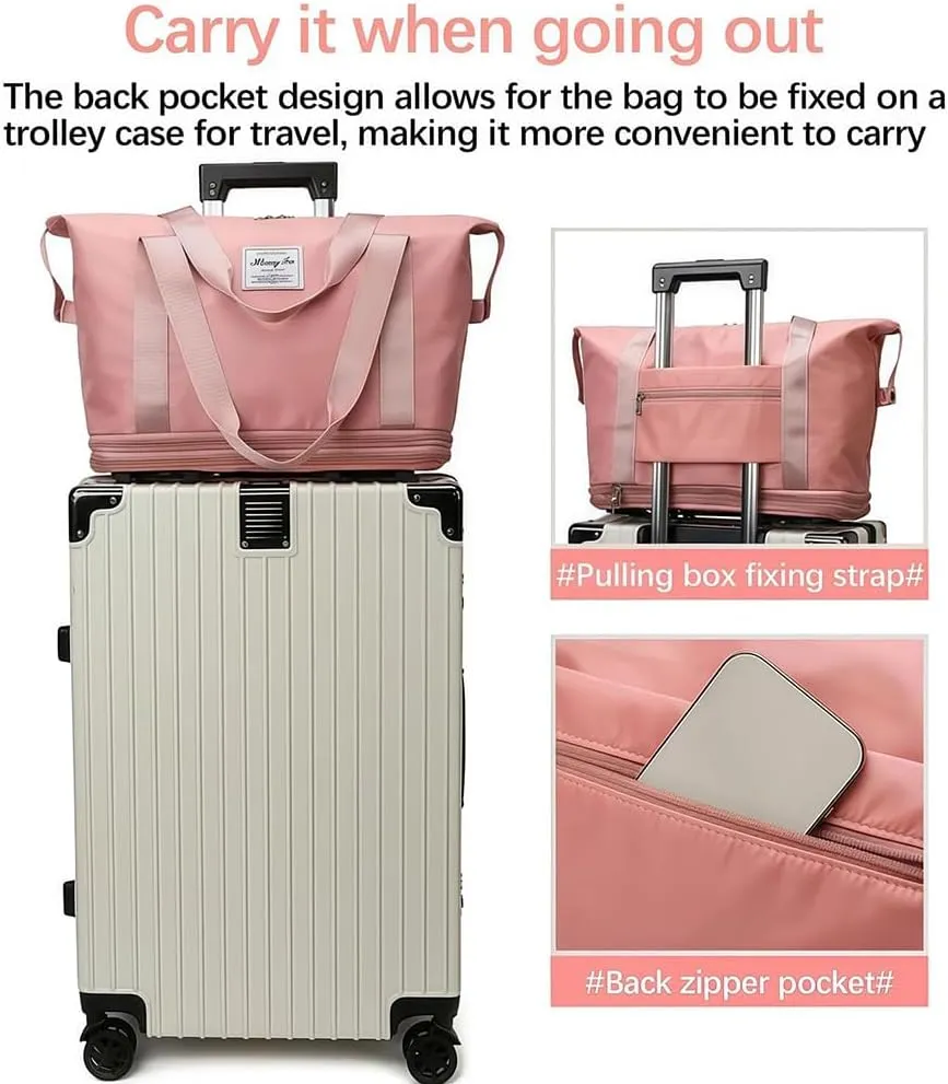 Kulken Travel Bag with Wheels, Expandable Foldable Duffle Bag, Large Capacity Wide-Open Weekend Travel Cosmetic Bag (Pink)