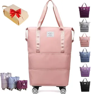 Kulken Travel Bag with Wheels, Expandable Foldable Duffle Bag, Large Capacity Wide-Open Weekend Travel Cosmetic Bag (Pink)