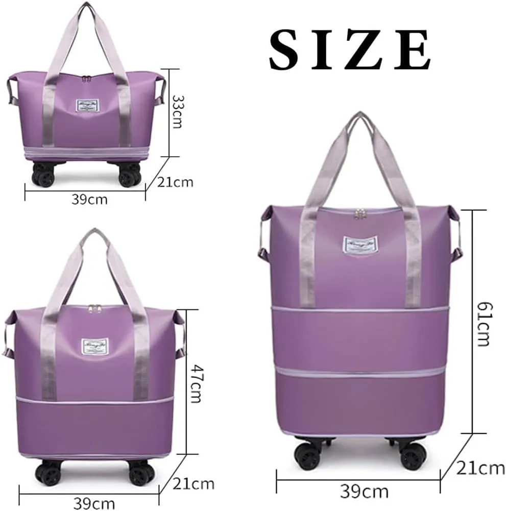 Kulken Travel Bag with Wheels, Expandable Foldable Duffle Bag, Large Capacity Wide-Open Weekend Travel Cosmetic Bag (Pink)