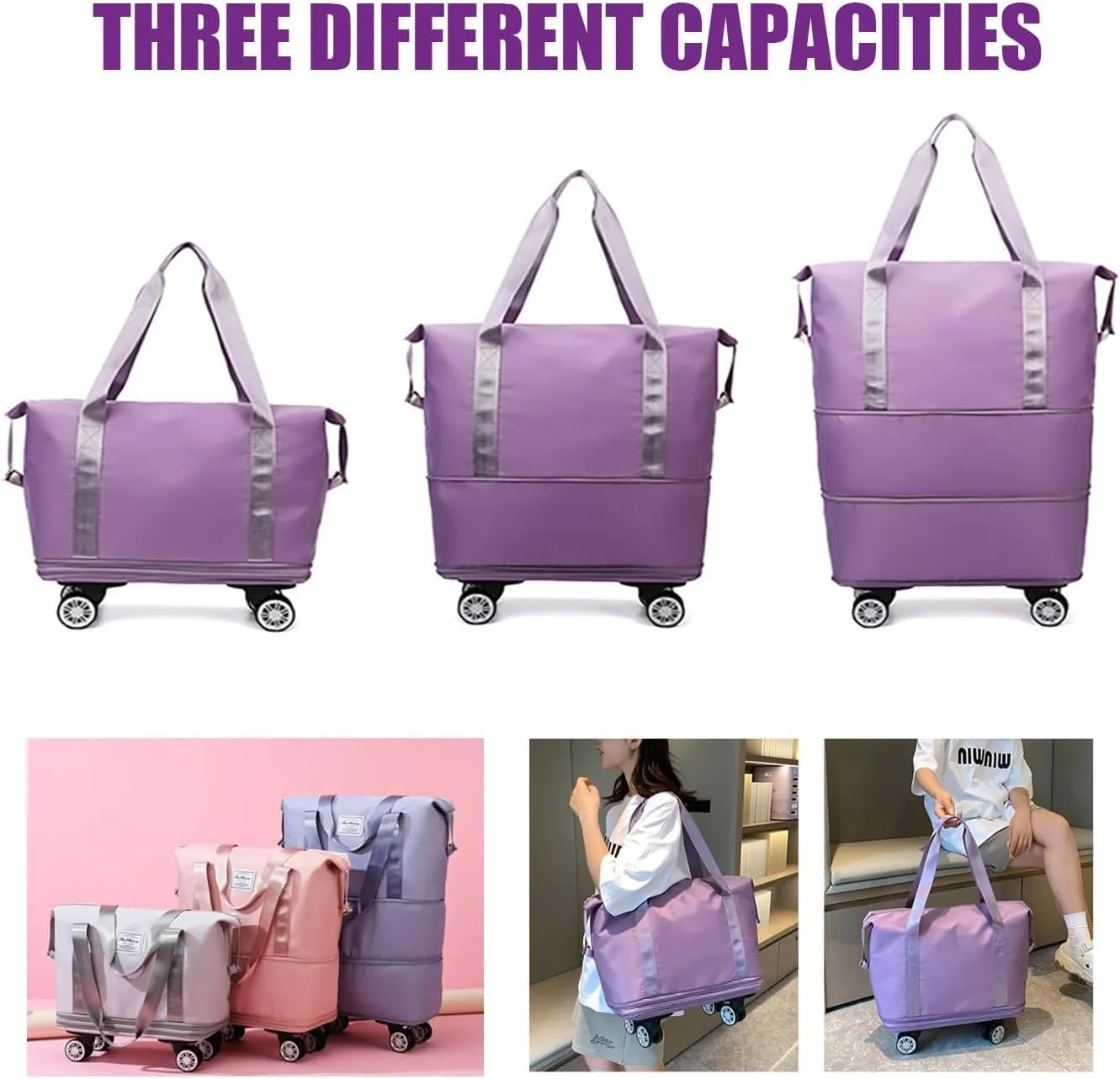 Kulken Travel Bag with Wheels, New Large Capacity Travel Bag, Universal Wheel Removable, For Short Waterproof Travel Storage Bags (Pink)