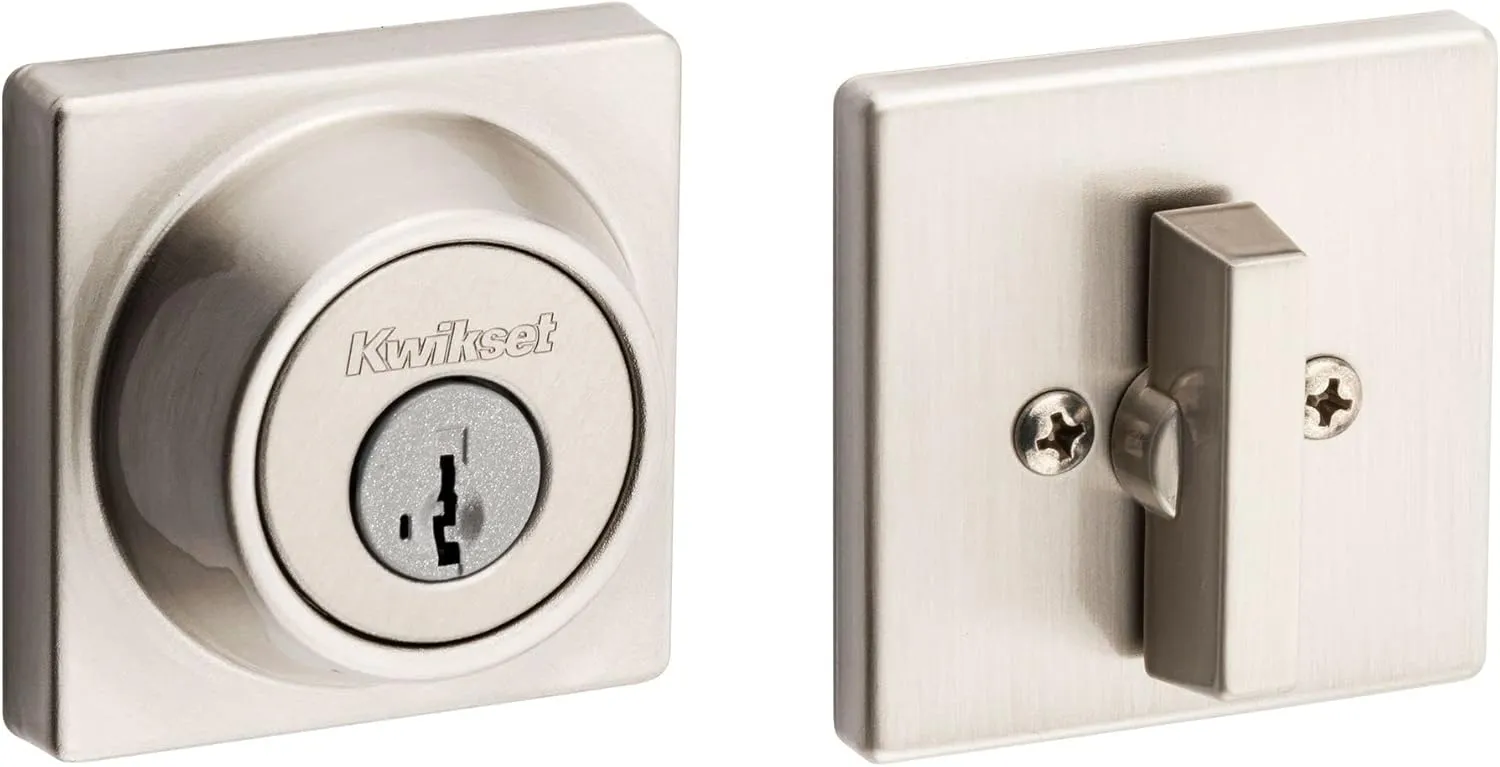 Kwikset 660 Contemporary Deadbolt Deadbolt Lock, Satin Nickel Square Exterior Keyed Front Entry Door, Pick Resistant SmartKey Rekey Security, Single Cylinder Dead Bolt, with Microban Protection